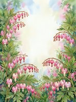 Watercolor bleeding heart flowers framing a soft glowing center, lush green foliage, pink blooms, spring garden border with copy space.