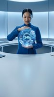 Asian businesswoman in blue suit holding holographic 24-hour service symbol in modern futuristic office environment for customer support and business concepts.