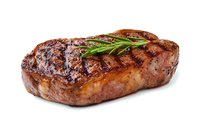 Juicy grilled ribeye steak with fresh rosemary sprig garnish on white background, featuring distinctive grill marks and caramelized crust. Isolated food photography.