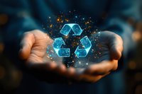 Glowing blue recycling symbol floating between hands with magical sparkles and particles on dark background, concept of environmental sustainability.