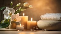 Serene spa setting with glowing candles, white orchids, soft towels, and stones in warm golden light, evoking relaxation and wellness.