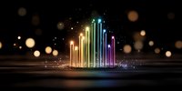 Glowing rainbow colored vertical light bars with sparkles and bokeh effects on dark background create modern abstract composition for technology designs.