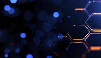 Glowing orange and blue hexagonal molecular structure on dark background with bokeh effect, illustrating scientific or technological concept.