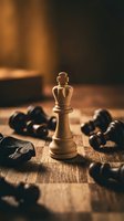 Wooden chess king piece standing victorious among fallen black pawns on chessboard, symbolizing leadership, strategy, and business success in warm light.