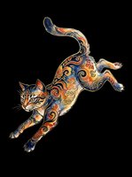 Ornate leaping cat with folk art floral patterns in blue, orange and gold, isolated on transparent background. Great for stickers, t-shirt design, print on demand.