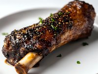 Glazed lamb shank with caramelized coating and fresh herbs served on white plate, close up view showing rich brown color and tender meat texture for food photography.