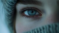 Close-up of a young woman's blue eye with detailed lashes and fair complexion, partially covered by fabric, conveying mystery and emotion.