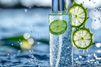 Refreshing sparkling water with sliced cucumber and lime in tall glass, water drops splashing around, bright bokeh background, summer drink concept.