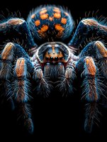 Close-up macro view of colorful tarantula spider with orange and blue fuzzy hair patterns on black background for wildlife and nature photography projects.