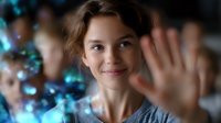 Young Caucasian woman with gentle smile waving hand in greeting, wearing grey sweater against blurred background with blue bokeh lights, positive friendly expression.
