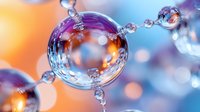 Macro photography of water drops with orange and blue bokeh reflections creating magical abstract composition with refractive spheres and light effects.