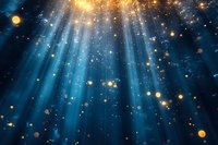 Magical blue light rays shine through darkness with floating golden bokeh particles and sparkles creating ethereal atmospheric effect. Suitable for fantasy backgrounds.