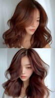 Young Asian woman with luxurious wavy brown hair styled in voluminous layers, showing professional hair coloring and styling technique from two angles against light background.