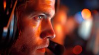 Close-up profile of young Caucasian male with headset illuminated by orange glow, focused on communication in dark environment with bokeh lights.