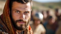 Middle Eastern man with intense gaze wearing traditional headscarf and full beard against blurred desert background, dramatic lighting highlights facial features and cultural attire.