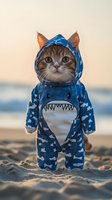 Adorable tabby cat wearing blue shark costume with bone pattern standing on sandy beach at sunset, looking directly at camera with bright eyes and alert expression.