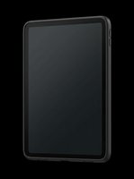 Black tablet computer with dark screen in protective case, isolated on transparent background. Ready for mockups, tech clipart, print on demand, stickers, and t-shirt design.
