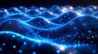 Glowing blue waves of digital particles create dynamic flowing landscape with bokeh light effects against dark background. Abstract technology concept.