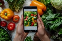 Hands holding smartphone photographing fresh vegetables and greens on white background. Food blogging and social media content creation concept.