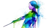 Watercolor silhouette of woman in motion with vibrant blue and green paint splashes on white background for creative design projects.