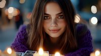 Young woman with long brown hair in purple sweater surrounded by warm glowing lights creating magical bokeh effect for holiday celebrations and cozy atmosphere.