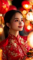 Young Asian woman in traditional red qipao dress with gold embroidery smiling against blurred Chinese lantern background, warm evening lighting creates festive atmosphere.