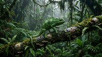 Green iguana resting on moss-covered branch in lush tropical rainforest with ferns and dense vegetation creating natural wildlife habitat scene.
