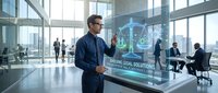Professional businessman in dark suit interacting with futuristic holographic legal technology display in modern corporate office environment.