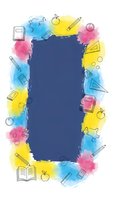 Colorful watercolor frame with school supplies and educational icons surrounding dark blue copy space for back to school designs and academic projects.