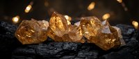 Raw citrine crystals on dark slate surface with warm golden bokeh lights creating luxurious mineral specimen display for jewelry making and crystal healing.