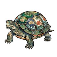 Ornate tortoise with decorative patterned shell featuring geometric designs and floral motifs, isolated on white background for clipart and design use.