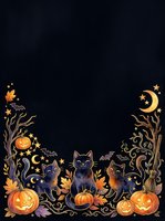 Spooky autumn night scene with black cats, jack-o-lanterns, crescent moons, stars, bare branches, and fall foliage on dark background. Isolated design element for Halloween cards, invitations, and seasonal projects.