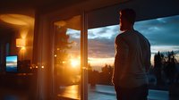 Young man silhouetted against dramatic sunset sky, standing by window in modern apartment. Warm indoor lighting contrasts with moody outdoor atmosphere at dusk.
