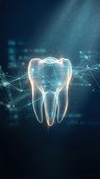 Glowing digital tooth with network connections on dark blue background for dental technology and healthcare innovation concepts.
