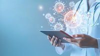Medical professional using digital tablet with holographic virus cells floating above, representing healthcare technology and virus research on blue background.