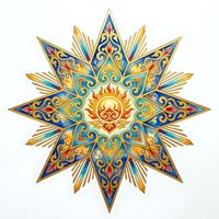 Ornate star mandala with golden sun center, intricate blue and orange decorative patterns, isolated on white background for design projects.