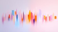 Vibrant abstract cityscape in soft pastel colors with blurred skyscrapers silhouettes creating dreamy urban landscape effect against pink and purple background.