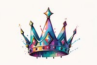 Colorful royal crown with watercolor splashes and gradient effect from turquoise to purple, decorated with gems and stars on white background, isolated design element.