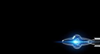 Glowing blue energy orb with light trails and metallic connectors on black background, suitable for technology and innovation concepts.