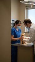 Veterinarian examining orange kitten with stethoscope while female assistant holds pet during medical checkup in modern clinic examination room.