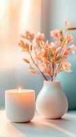 Delicate coral flowers in white ceramic vase alongside glowing candle creating peaceful atmosphere with soft bokeh background and gentle morning light.