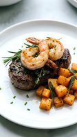Surf and turf surf and turf dinner plate with grilled shrimp, filet mignon steak, roasted sweet potato cubes, rosemary and chives on white ceramic dish.