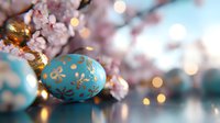 Decorative turquoise Easter egg with gold floral pattern against blooming cherry blossoms and soft bokeh lights creating magical spring atmosphere.