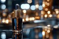 Luxury perfume bottle with golden cap on reflective surface against blurred city lights background creating elegant bokeh effect for premium fragrance advertising.