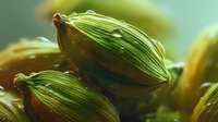 Fresh green cardamom pods with water droplets in extreme macro photography showing detailed texture and natural pattern of aromatic spice ingredient.