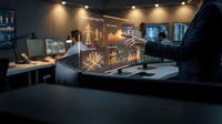 Businessman interacting with holographic data visualization display showing glowing network connections and analytics in modern office environment for technology and business concepts.