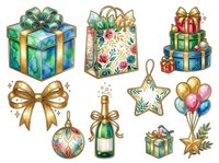 Festive gift boxes with gold ribbons, wrapped presents in green and red, decorative bows, ornaments, champagne bottle, star ornament, and balloons isolated on white background. Suitable for holiday greeting cards, wrapping paper design, seasonal marketing materials, and celebration invitations.