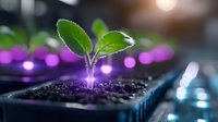 Young green sprout growing from soil with purple glowing light, magical gardening concept with bokeh effect in dark environment. Sustainable agriculture concept.