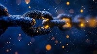 Broken metal chain link with sparks and smoke against dark blue background, dramatic lighting creates mystical atmosphere with glowing orange particles.
