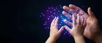Adult and child hands glowing with magical purple light sparks on dark background, symbolizing connection, care, and wonder.